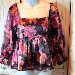Thirty/Thirty Babydoll Puff Sleeve Floral Lined Top